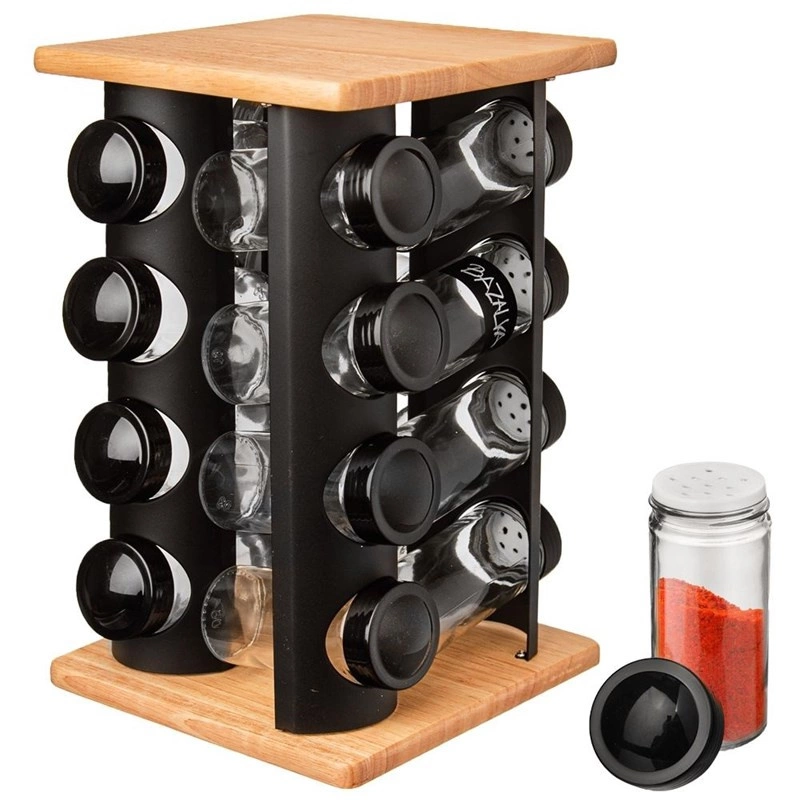 Gewürzständer Gewürzkarussell Gewürzregal drehbar mit 16 Glasbehälter robust aus Holz Metall 17,5x17,5x29 cm