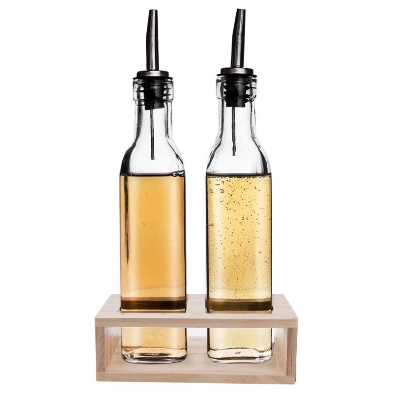 Butelki na oliwę i ocet szklane z dozownikiem w stojaku 2x 300 ml 3 el.