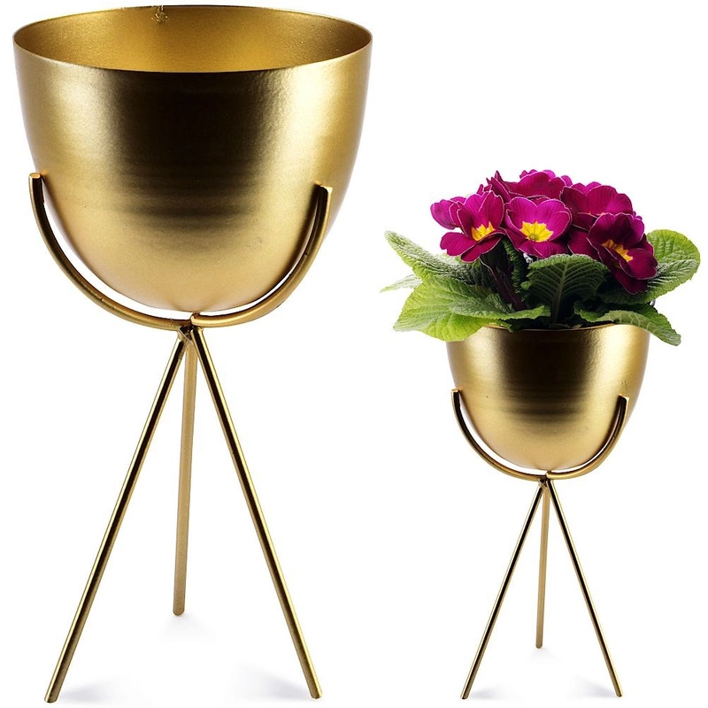Osłonka doniczka metalowa na stojaku złota na rośliny kwiaty 11x21 cm
