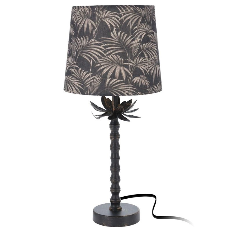Tischlampe | Nachttischlampe schwarz Lampenschirm mit Blättermuster in Goldfarbe dekorativ 49x22 cm